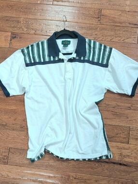 Fred Perry White Rugby Polo with Green Striped Yoke and Navy Trim